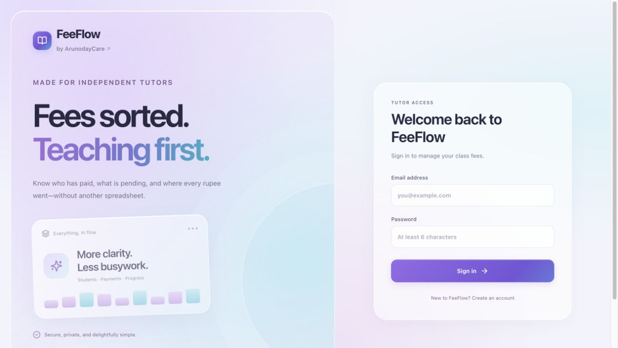 FeeFlow login page with integrated ArunodayCare attribution