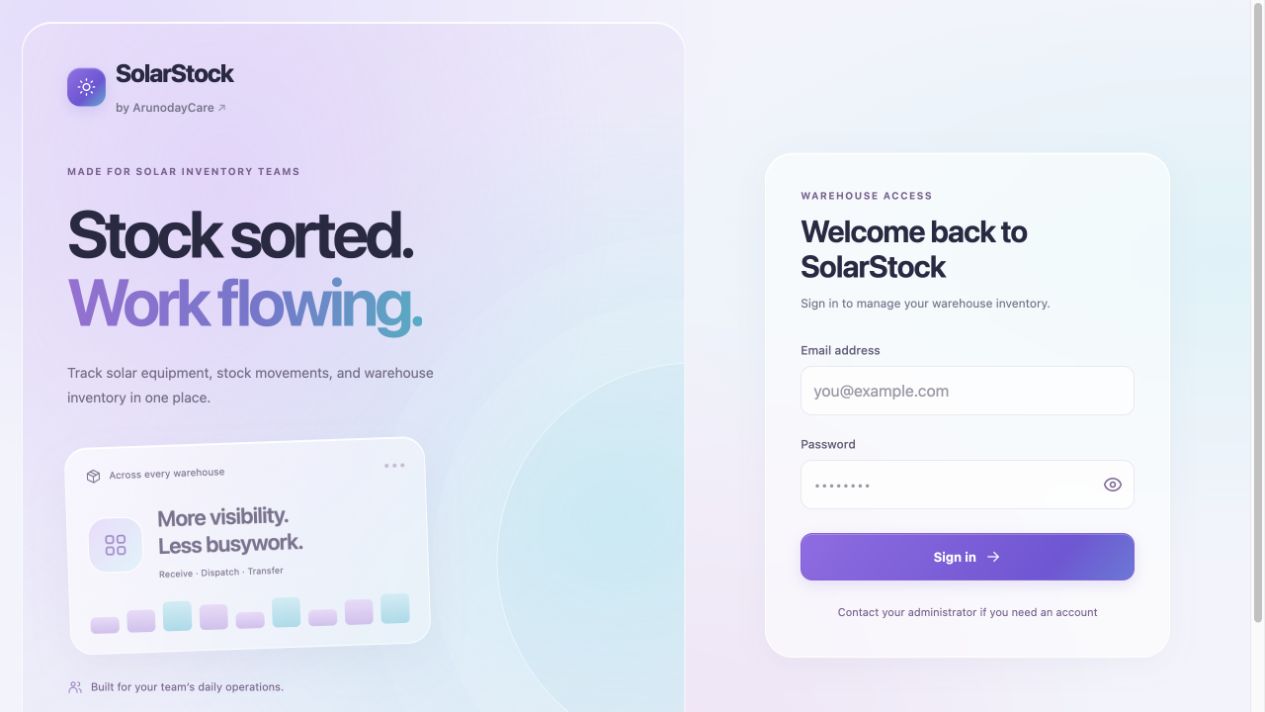 SolarStock login page with integrated ArunodayCare attribution